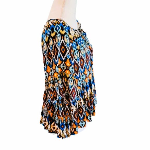 Cato Aztec Design Casual Scoop Neck Short Sleeve Top with Ruffle in Size Small - Picture 2 of 4